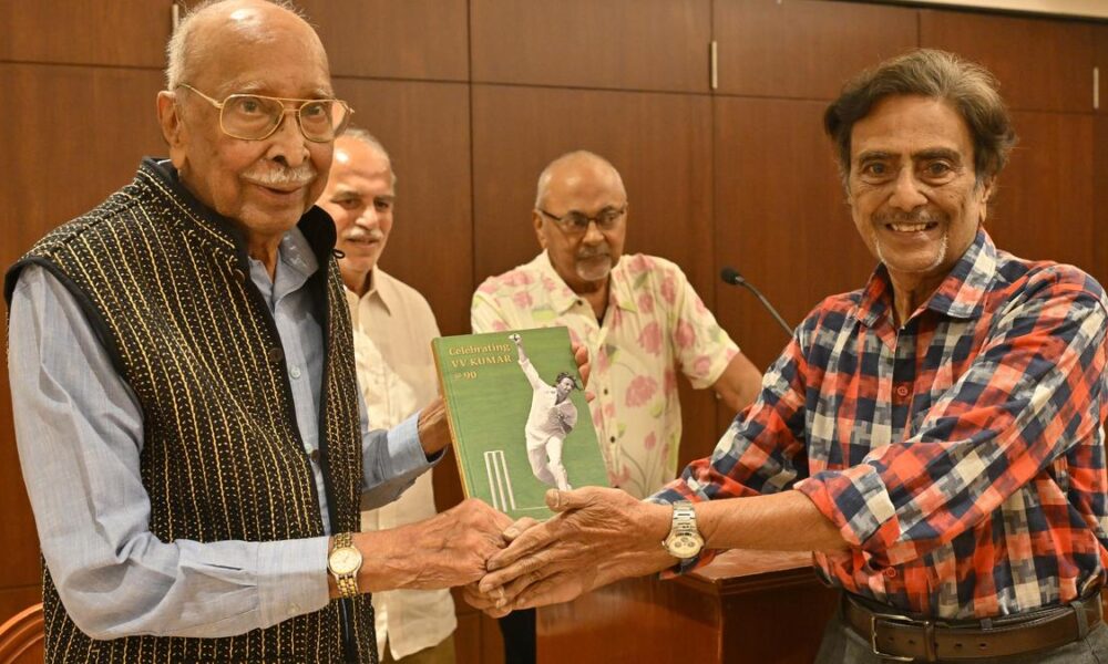 Book launch celebrating V.V. Kumar’s 90th birthday with anecdotes, tributes, and memories from former cricketers and personalities.